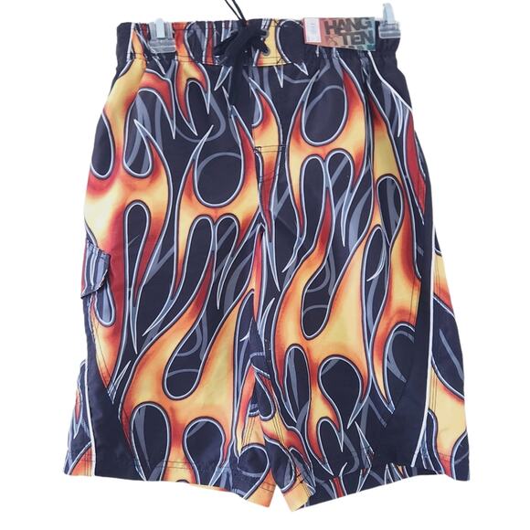 New Hang Ten Swim Trunks Large Boys Flames Board Shorts Tie Waist - Picture 1 of 4